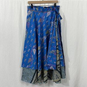 Wevez Silk Blend Blue Layered Indie Boho Colorful Wrap Skirt L Adjustable